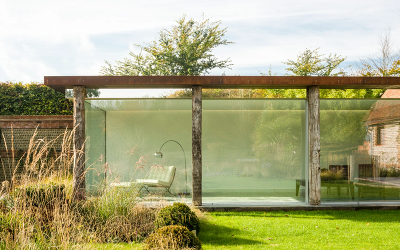 glass roof with timber beams